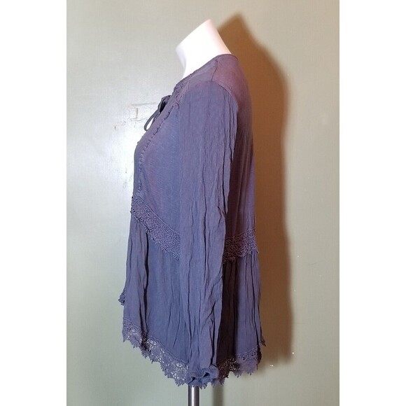 Knox Rose Womens Crinkle Lace Trim Peasant Boho Blouse Top Dark Gray Size XXL - Picture 4 of 11